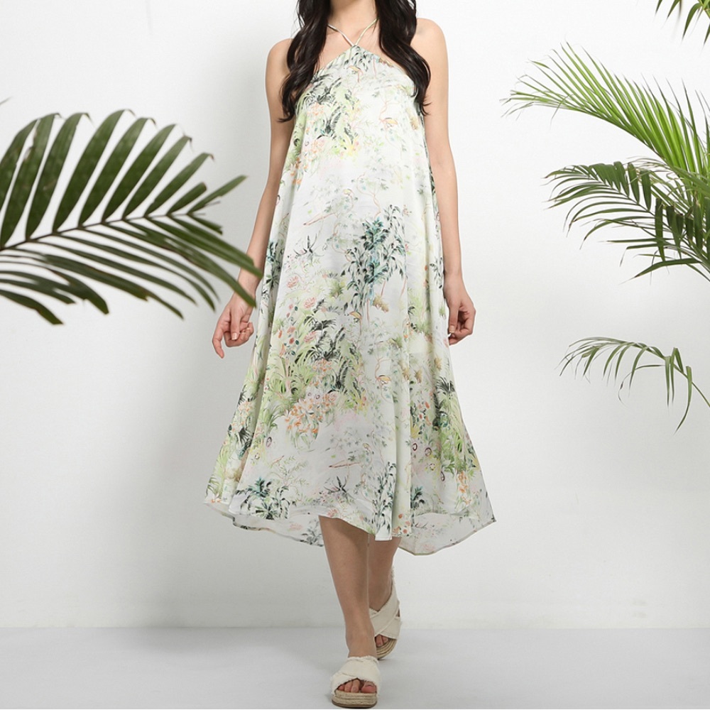 H&M Summer Dress Breezy, Feminine Midi Romantic Halter Sz 8 Floral Boho Tropical